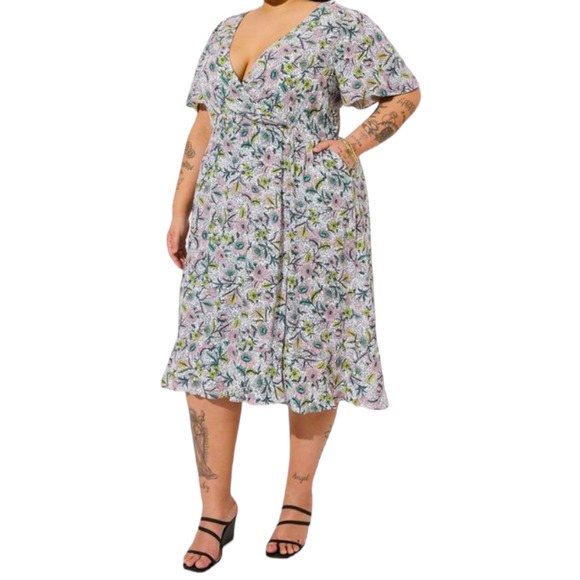 NEW TORRID Wrap Dress 2X Midi Pockets Swiss Dot Flutter Sleeve Surplice V-Neck - Picture 2 of 7